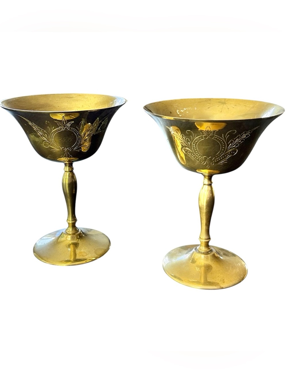 GEORGIA EPNS Vintage Etched Brass Goblet Chalice Ritual Set Of 2